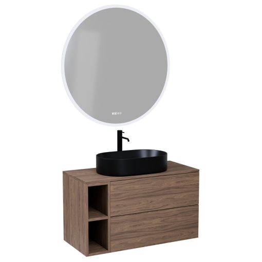 HD Zyra Pro+ Black-Oak 80 komplett fürdőszoba bútor fali push-to-open mosdószekrénnyel, oak mosdópulttal, kiegészítő oak fali modullal és tükörrel