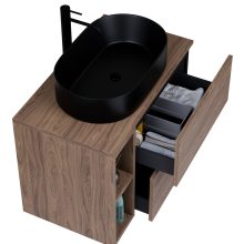 HD Zyra Pro+ Black-Oak 80 komplett fürdőszoba bútor fali push-to-open mosdószekrénnyel, oak mosdópulttal, kiegészítő oak fali modullal és tükörrel