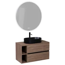 HD Zyra+ Black-Oak 80 komplett fürdőszoba bútor fali mosdószekrénnyel, oak mosdópulttal, kiegészítő oak fali modullal és tükörrel