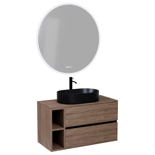 HD Zyra+ Black-Oak 80 komplett fürdőszoba bútor fali mosdószekrénnyel, oak mosdópulttal, kiegészítő oak fali modullal és tükörrel