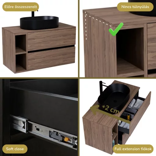 HD Zyra+ Black-Oak 80 komplett fürdőszoba bútor fali mosdószekrénnyel, oak mosdópulttal, kiegészítő oak fali modullal és tükörrel