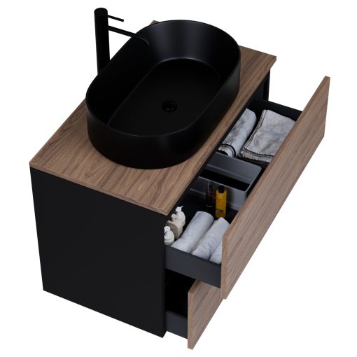 HD Zyra Black-Oak 60 komplett fürdőszoba bútor fali mosdószekrénnyel, oak mosdópulttal és tükörrel