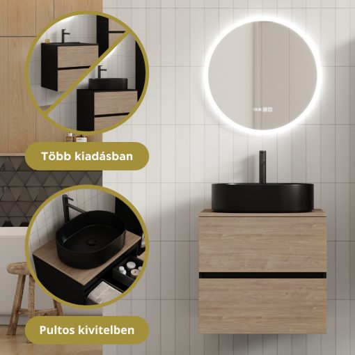 HD Zyra Black-Oak 60 komplett fürdőszoba bútor fali mosdószekrénnyel, oak mosdópulttal és tükörrel