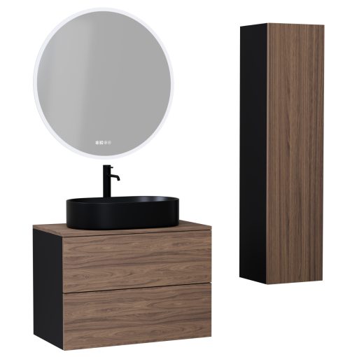 HD Zyra Pro Black-Oak 60 komplett fürdőszoba bútor szett fali push-to-open mosdószekrénnyel, oak mosdópulttal, tükörrel és magasszekrénnyel