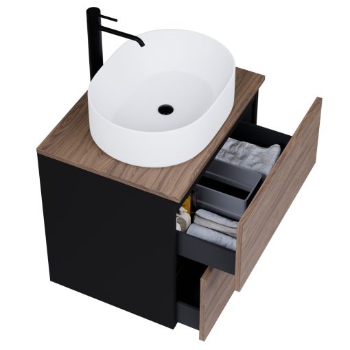 HD Zyra Pro Black-Oak 60 komplett fürdőszoba bútor szett fali push-to-open mosdószekrénnyel, oak mosdópulttal, tükörrel és magasszekrénnyel