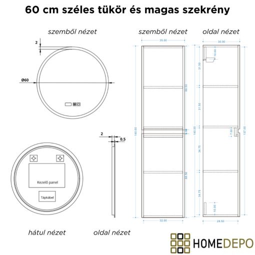HD Zyra Pro Black-Oak 60 komplett fürdőszoba bútor szett fali push-to-open mosdószekrénnyel, oak mosdópulttal, tükörrel és magasszekrénnyel