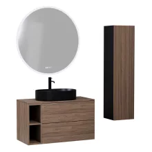 HD Zyra Pro+ Black-Oak 80 komplett fürdőszoba bútor szett fali push-to-open mosdószekrénnyel, oak mosdópulttal, kiegészítő oak fali modullal, tükörrel és magasszekrénnyel