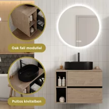 HD Zyra Pro+ Black-Oak 80 komplett fürdőszoba bútor szett fali push-to-open mosdószekrénnyel, oak mosdópulttal, kiegészítő oak fali modullal, tükörrel és magasszekrénnyel