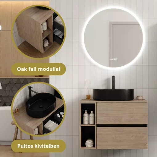 HD Zyra Pro+ Black-Oak 80 komplett fürdőszoba bútor szett fali push-to-open mosdószekrénnyel, oak mosdópulttal, kiegészítő oak fali modullal, tükörrel és magasszekrénnyel