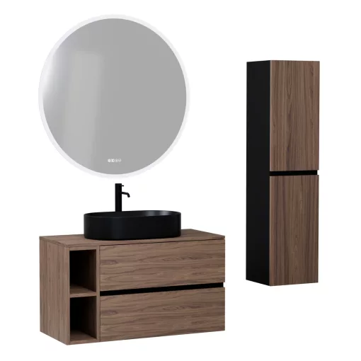 HD Zyra+ Black-Oak 80 komplett fürdőszoba bútor szett fali mosdószekrénnyel, oak mosdópulttal, kiegészítő oak fali modullal, tükörrel és magasszekrénnyel
