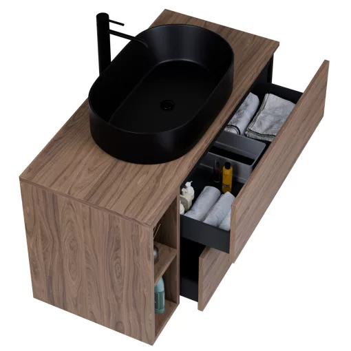 HD Zyra+ Black-Oak 80 komplett fürdőszoba bútor szett fali mosdószekrénnyel, oak mosdópulttal, kiegészítő oak fali modullal, tükörrel és magasszekrénnyel