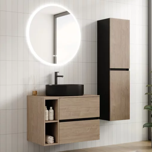 HD Zyra+ Black-Oak 80 komplett fürdőszoba bútor szett fali mosdószekrénnyel, oak mosdópulttal, kiegészítő oak fali modullal, tükörrel és magasszekrénnyel