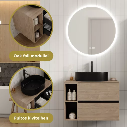 HD Zyra+ Black-Oak 80 komplett fürdőszoba bútor szett fali mosdószekrénnyel, oak mosdópulttal, kiegészítő oak fali modullal, tükörrel és magasszekrénnyel