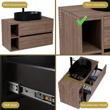 HD Zyra+ Black-Oak 80 komplett fürdőszoba bútor szett fali mosdószekrénnyel, oak mosdópulttal, kiegészítő oak fali modullal, tükörrel és magasszekrénnyel