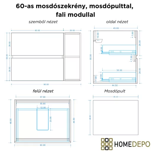 HD Zyra+ Black-Oak 80 komplett fürdőszoba bútor szett fali mosdószekrénnyel, oak mosdópulttal, kiegészítő oak fali modullal, tükörrel és magasszekrénnyel