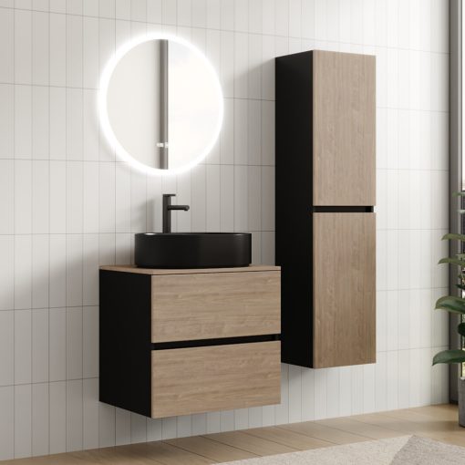 HD Zyra Black-Oak 60 komplett fürdőszoba bútor szett fali mosdószekrénnyel, oak mosdópulttal, tükörrel és magasszekrénnyel