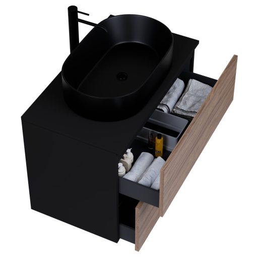 HD Zyra Pro Black-Oak 60 fali mosdószekrény, push-to-open mechanizmussal, fekete mosdópulttal