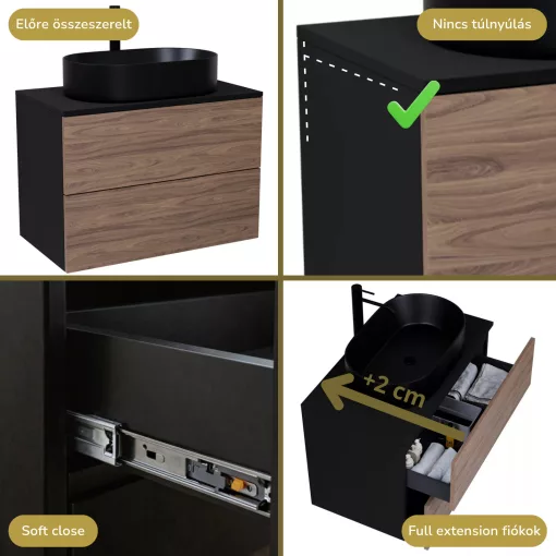 HD Zyra Pro Black-Oak 60 fali mosdószekrény, push-to-open mechanizmussal, fekete mosdópulttal