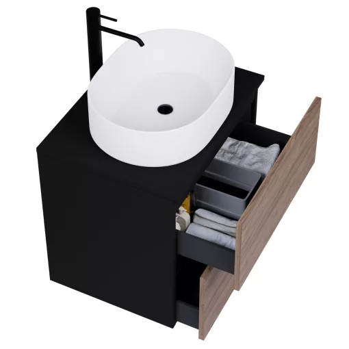 HD Zyra Pro Black-Oak 60 komplett fürdőszoba bútor fali push-to-open mosdószekrénnyel, fekete mosdópulttal és tükörrel