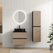 HD Zyra Pro Black-Oak 60 komplett fürdőszoba bútor fali push-to-open mosdószekrénnyel, fekete mosdópulttal és tükörrel