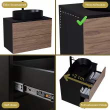 HD Zyra Pro Black-Oak 60 komplett fürdőszoba bútor fali push-to-open mosdószekrénnyel, fekete mosdópulttal és tükörrel