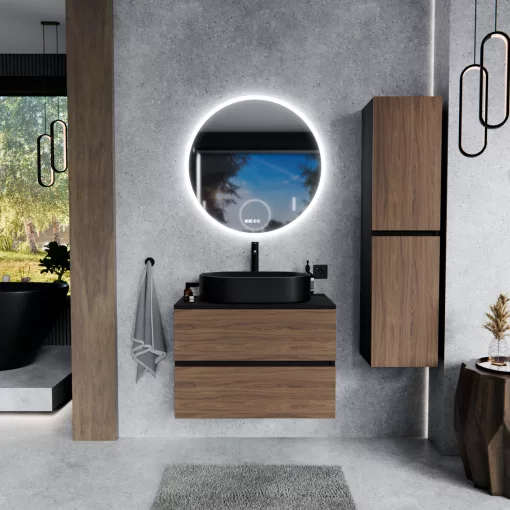 HD Zyra Black-Oak 60/80/100/120 komplett fürdőszoba bútor fali mosdószekrénnyel, fekete mosdópulttal és tükörrel