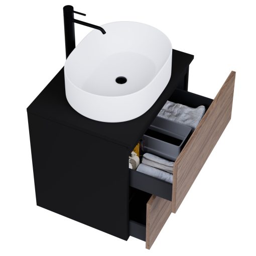 HD Zyra Pro Black-Oak 60 komplett fürdőszoba bútor szett fali push-to-open mosdószekrénnyel, fekete mosdópulttal, tükörrel és magasszekrénnyel