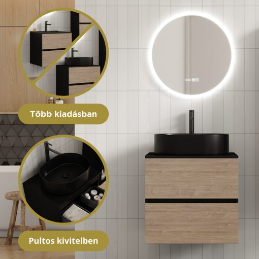 HD Zyra Pro Black-Oak 60 komplett fürdőszoba bútor szett fali push-to-open mosdószekrénnyel, fekete mosdópulttal, tükörrel és magasszekrénnyel