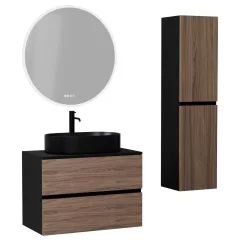   HD Zyra Black-Oak 60/80/100/120 komplett fürdőszoba bútor szett fali mosdószekrénnyel, fekete mosdópulttal, tükörrel és magasszekrénnyel