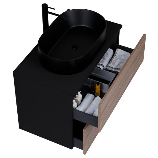 HD Zyra Black-Oak 60/80/100/120 komplett fürdőszoba bútor szett fali mosdószekrénnyel, fekete mosdópulttal, tükörrel és magasszekrénnyel