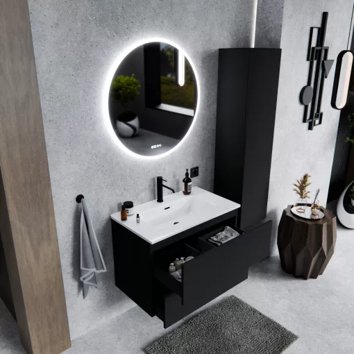 HD Aria Pro Black 60 fali mosdószekrény, push-to-open mechanizmussal, fényes fehér slim mosdóval