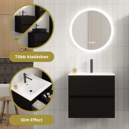 HD Aria Black 60 fali mosdószekrény fényes fehér slim mosdóval