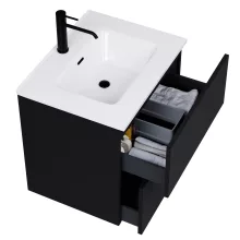 HD Aria Pro Black 60 komplett fürdőszoba bútor fali push-to-open mosdószekrénnyel, fényes fehér slim mosdóval és tükörrel