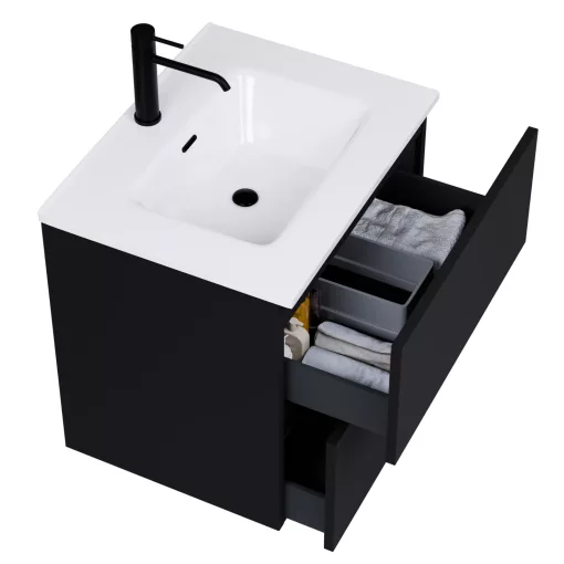 HD Aria Pro Black 60 komplett fürdőszoba bútor fali push-to-open mosdószekrénnyel, fényes fehér slim mosdóval és tükörrel