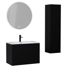 HD Aria Pro Black 60 komplett fürdőszoba bútor szett fali push-to-open mosdószekrénnyel, fényes fehér slim mosdóval, tükörrel és magasszekrénnyel