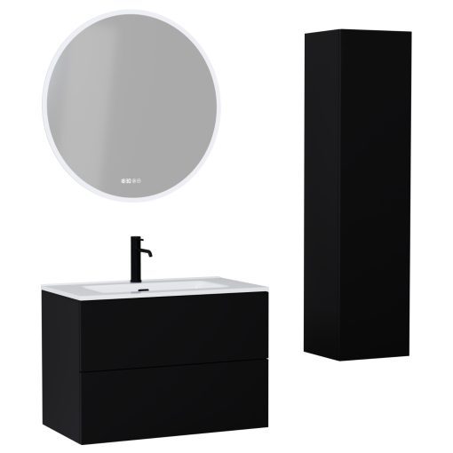 HD Aria Pro Black 60 komplett fürdőszoba bútor szett fali push-to-open mosdószekrénnyel, fényes fehér slim mosdóval, tükörrel és magasszekrénnyel