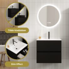 HD Aria Pro Black 60 komplett fürdőszoba bútor szett fali push-to-open mosdószekrénnyel, fényes fehér slim mosdóval, tükörrel és magasszekrénnyel