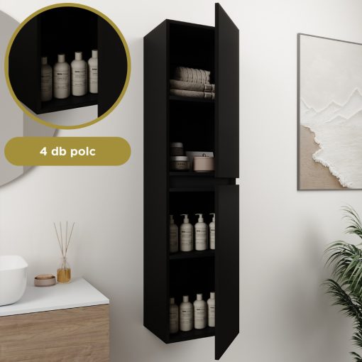 HD Aria Pro Black 60 komplett fürdőszoba bútor szett fali push-to-open mosdószekrénnyel, fényes fehér slim mosdóval, tükörrel és magasszekrénnyel