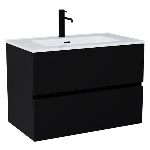 HD Aria Black 60 komplett fürdőszoba bútor szett fali mosdószekrénnyel, fényes fehér slim mosdóval, tükörrel és magasszekrénnyel