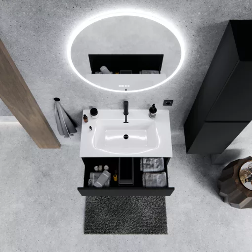 HD Aria Black 60 komplett fürdőszoba bútor szett fali mosdószekrénnyel, fényes fehér slim mosdóval, tükörrel és magasszekrénnyel