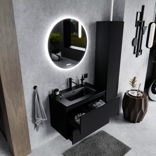 HD Aria Pro Black 60 fali mosdószekrény, push-to-open mechanizmussal, matt fekete slim mosdóval