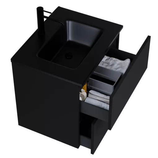 HD Aria Pro Black 60 komplett fürdőszoba bútor fali push-to-open mosdószekrénnyel, matt fekete slim mosdóval és tükörrel