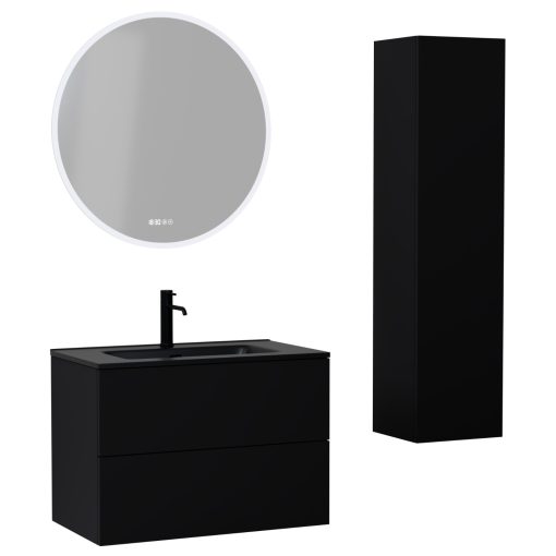 HD Aria Pro Black 60 komplett fürdőszoba bútor szett fali push-to-open mosdószekrénnyel, matt fekete slim mosdóval, tükörrel és magasszekrénnyel