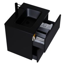 HD Aria Pro Black 60 komplett fürdőszoba bútor szett fali push-to-open mosdószekrénnyel, matt fekete slim mosdóval, tükörrel és magasszekrénnyel