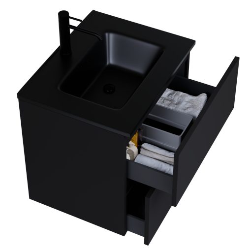 HD Aria Pro Black 60 komplett fürdőszoba bútor szett fali push-to-open mosdószekrénnyel, matt fekete slim mosdóval, tükörrel és magasszekrénnyel