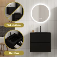 HD Aria Pro Black 60 komplett fürdőszoba bútor szett fali push-to-open mosdószekrénnyel, matt fekete slim mosdóval, tükörrel és magasszekrénnyel