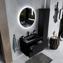 HD Aria Pro Black 60 komplett fürdőszoba bútor szett fali push-to-open mosdószekrénnyel, matt fekete slim mosdóval, tükörrel és magasszekrénnyel