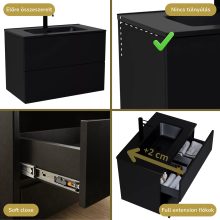 HD Aria Pro Black 60 komplett fürdőszoba bútor szett fali push-to-open mosdószekrénnyel, matt fekete slim mosdóval, tükörrel és magasszekrénnyel