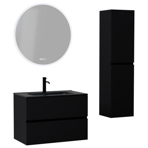 HD Aria Black 60 komplett fürdőszoba bútor szett fali mosdószekrénnyel, matt fekete slim mosdóval, tükörrel és magasszekrénnyel