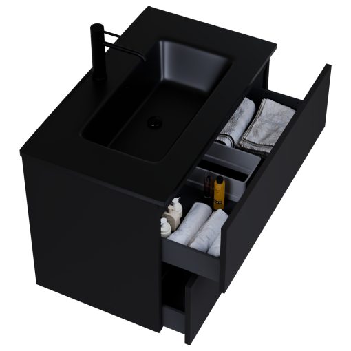 HD Aria Black 60 komplett fürdőszoba bútor szett fali mosdószekrénnyel, matt fekete slim mosdóval, tükörrel és magasszekrénnyel